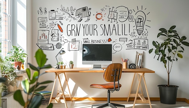 Photo modern home office with motivational business growth wall doodles