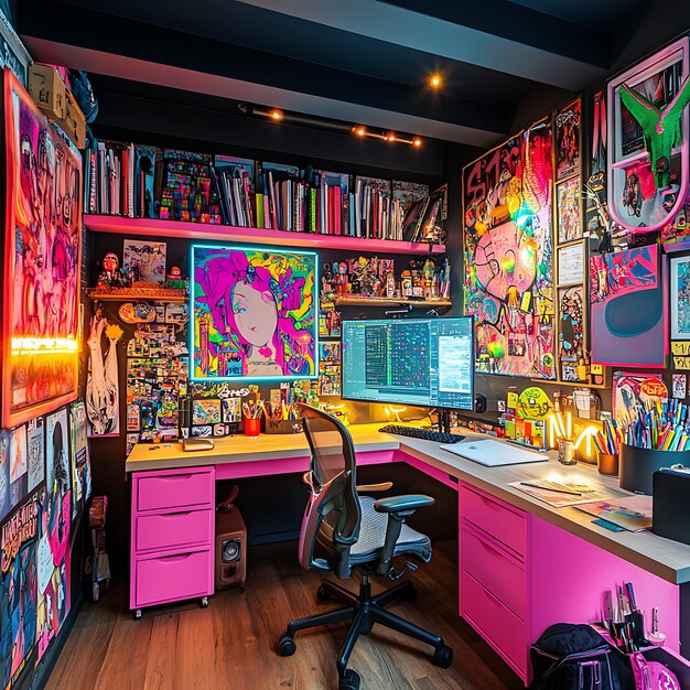 Modern Home Office with Neon Accents and Pink Furniture