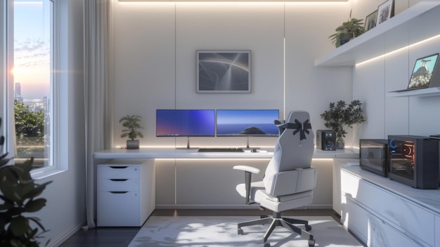 A modern home office with two monitors a white desk and a comfortable chair the office has a window