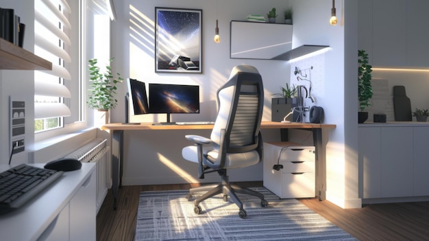 A modern home office with a white desk a black keyboard and a comfortable chair with a black frame