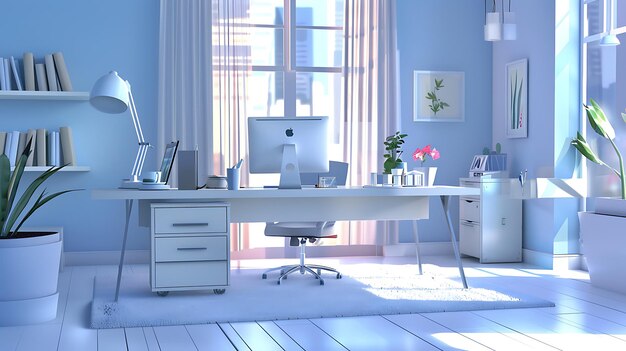 Modern Home Office with White Desk and Blue Walls