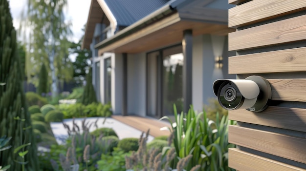 Modern Home Security Camera Mounted on Wooden Fence in Front of a House