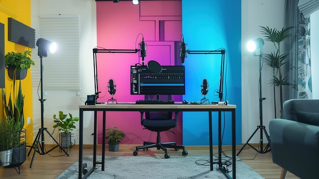 Photo modern home studio setup with colorful walls