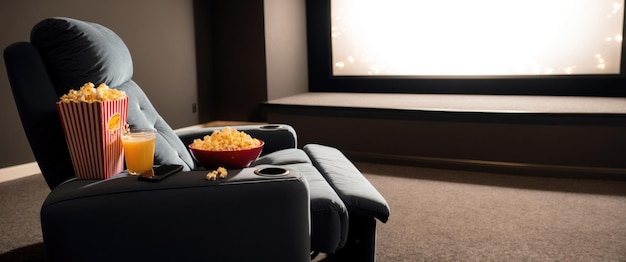 Photo a modern home theater room featuring a single reclining chair with snacks