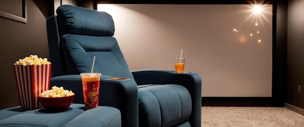 Photo a modern home theater room featuring a single reclining chair with snacks