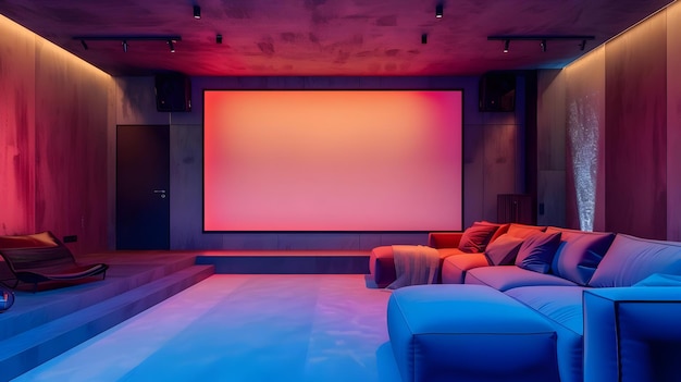 Photo modern home theater room interior design with blue and pink neon lights 3d illustration