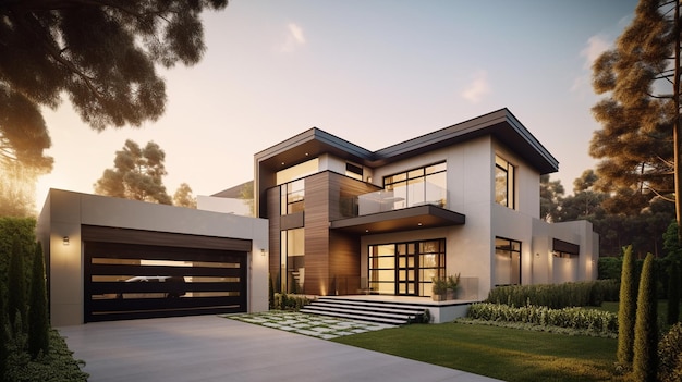 A modern home with a garage and a garage door