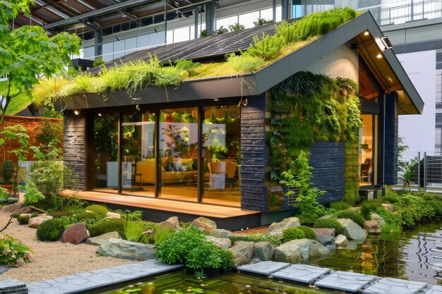 A modern home with a green roof and a pond in the front yard Incorporating sustainable building practices with green technology