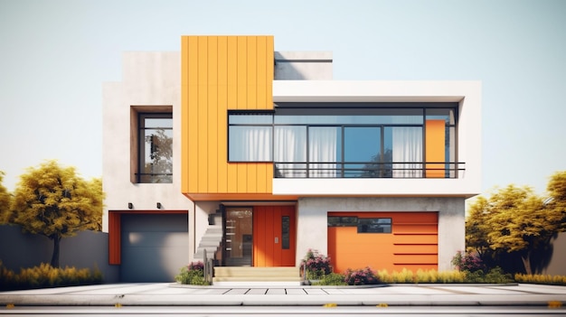 A modern home with orange doors and a garage door.