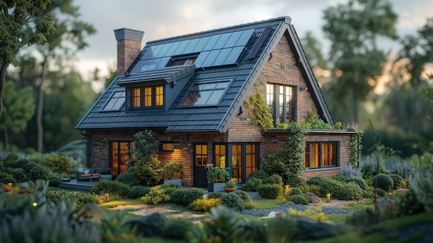 modern home with solar panels attached on the roof against a sunny sky Close up of new house with black solar panels during spring with flowers luxury villa