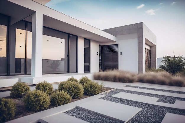 A modern home with a stone walkway and a large window.