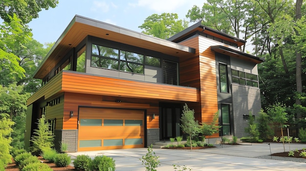 A modern home with a wood and gray exterior