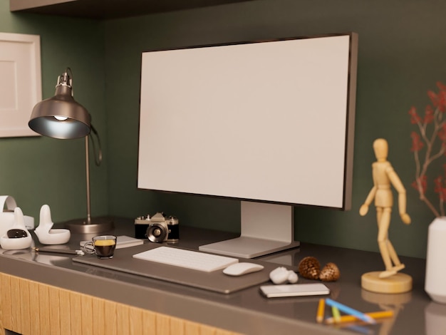 Modern home workplace with modern PC computer mockup table lamp camera and VR headset on table