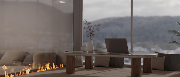 Modern home workspace interior design with laptop on a coffee table near the window