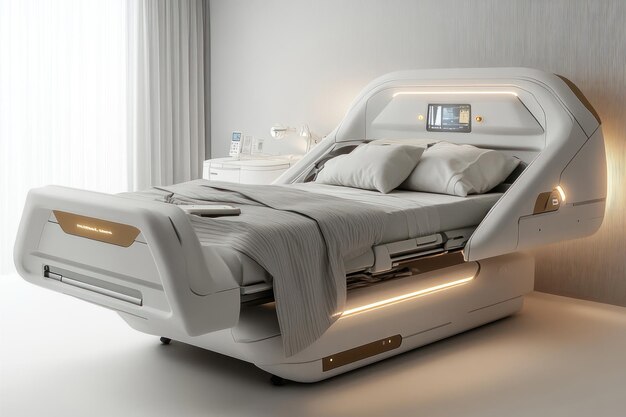 Modern Hospital Bed with Integrated Technology and Soft Lighting