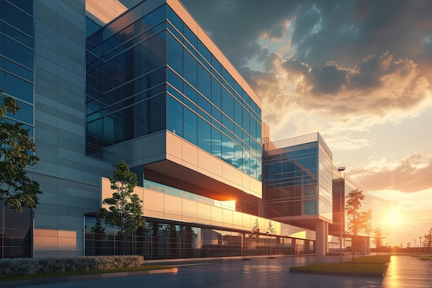 Modern hospital building at sunset