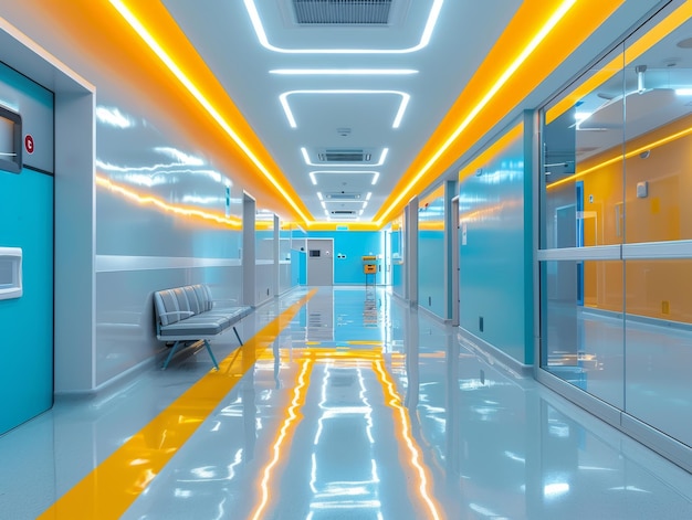 Photo modern hospital corridor with yellow and blue lighting