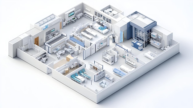 Photo modern hospital floor plan 3d design with patient rooms nurses39 station and waiting area