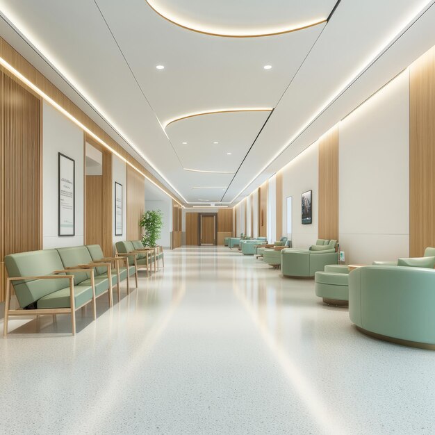 Photo modern hospital waiting area with green chairs and wood accents