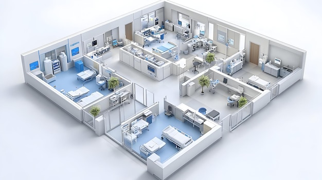 Photo modern hospital ward design 3d render with patient rooms nurses39 station and medical equipment