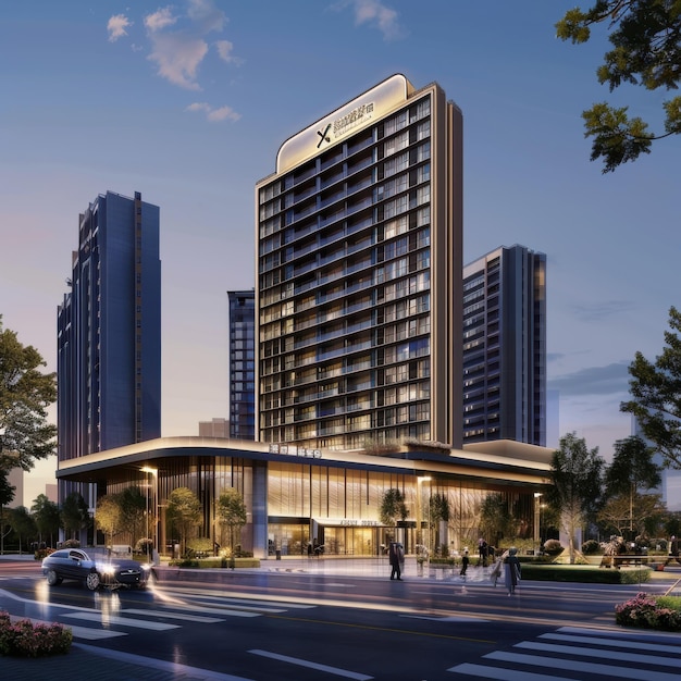 Modern Hotel Building at Twilight With Urban Landscapes and City Life in the Background