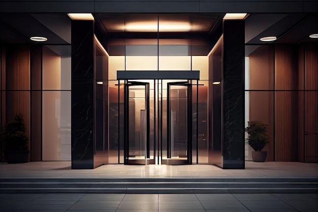 Modern hotel entrance with sleek glass doors and minimalist design created with generative ai