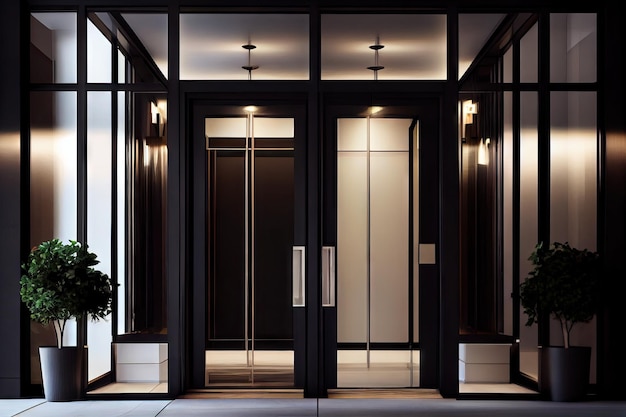 Modern hotel entrance with sleek glass doors and minimalist design created with generative ai