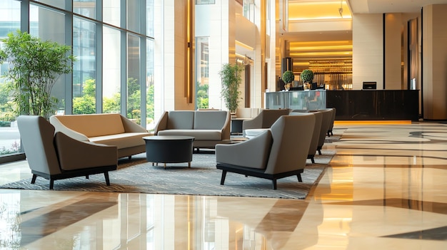 Photo a modern hotel lobby with comfortable seating and a large window overlooking a city park