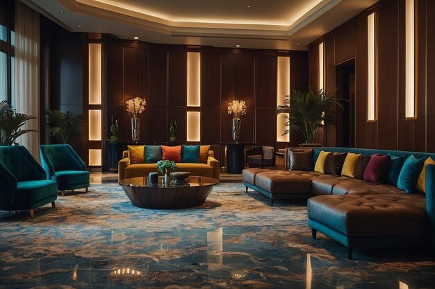 Modern hotel lobby with elegant lighting and plush se