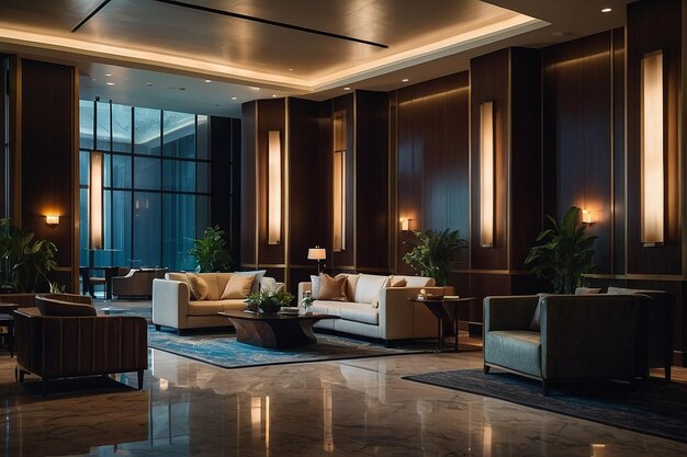 Modern hotel lobby with elegant lighting and plush se