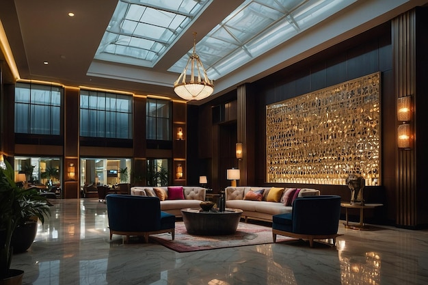 Modern hotel lobby with elegant lighting and plush se