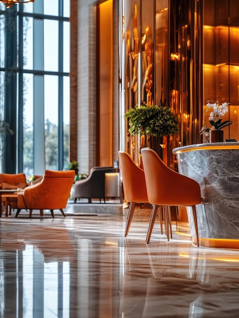 Photo a modern hotel lobby with orange chairs and large windows ideal for hospitality or travel related projects