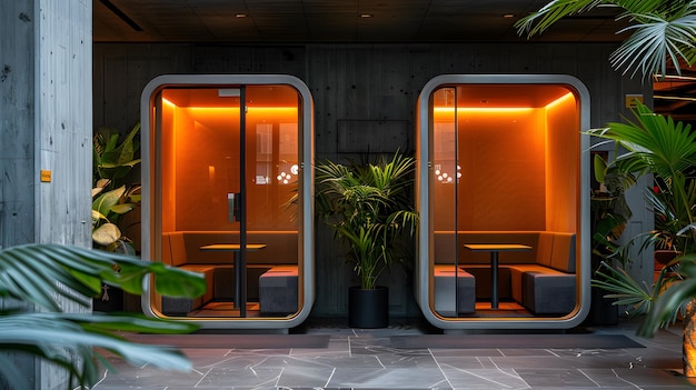 Photo a modern hotel lobby with two phone booths the left one is closed and has an orange light inside it