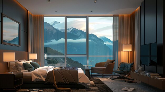 Photo modern hotel room featuring smart technology with a city view