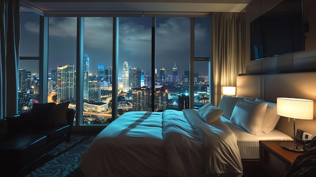 Modern hotel room with a stunning city view at night