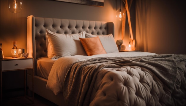 Modern hotel suite with elegant wood headboard and illuminated bedding generated by artificial intelligence