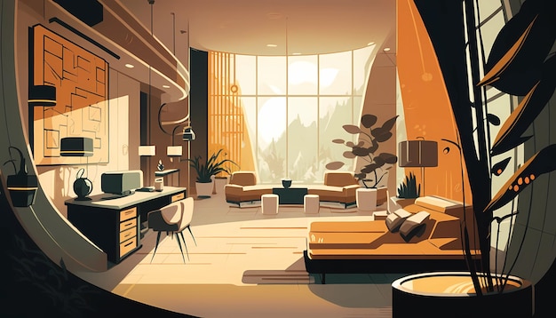 A modern hotel with sleek room digital art illustration generative AI