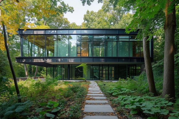 Modern House Amidst Wooded Landscape With Towering Trees An ecofriendly hightech glass home integrated seamlessly into a forest setting AI Generated