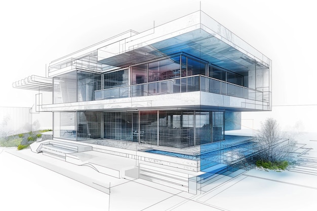 Modern House Architectural Sketch with Pool