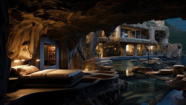 A modern house built into a cave with illumination a pond and a cozy interior at the foot of a mountain Ecolodge house interior