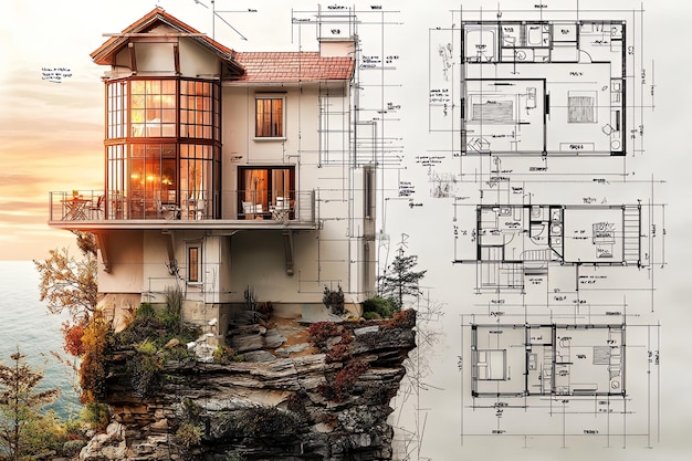 Modern House Design on Cliff with Blueprint Overlap