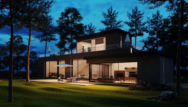 Modern house design night time in the woods