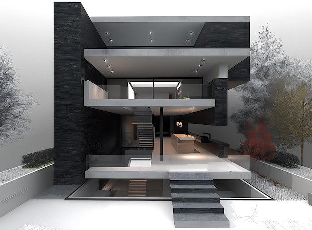 Photo modern house design with black brick exterior and interior view