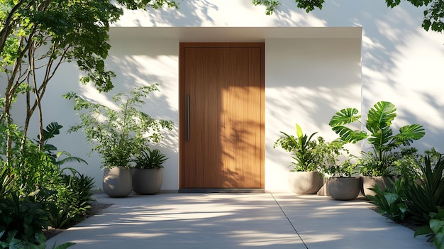 Photo modern house entrance wooden door white exterior walls potted plants green foliage diverse plant var