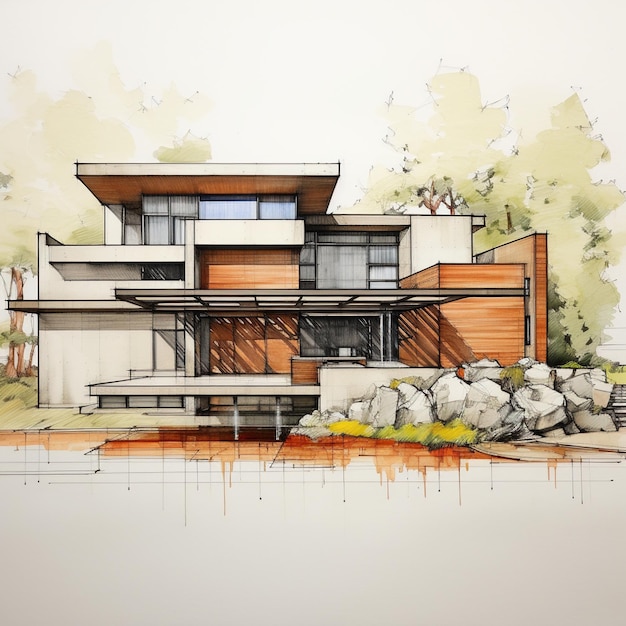 Modern house exterior design with natural elements