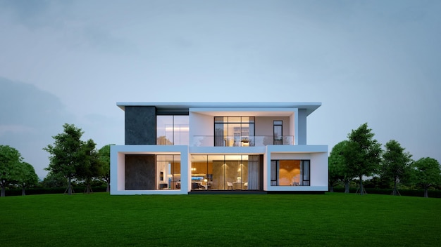 Modern house exterior evening view with interior lighting