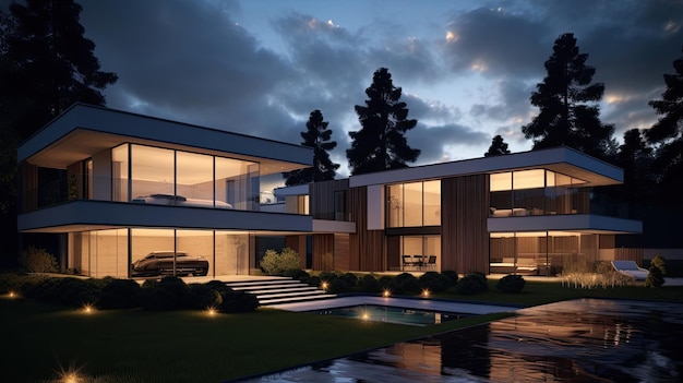 Modern house exterior evening view with interior lighting