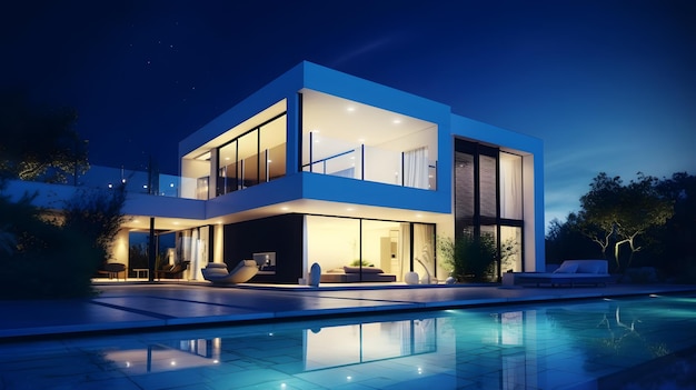 modern house exterior with pool in night