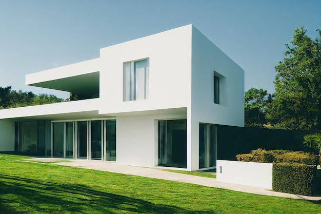 Modern house exterior with two floors and large windows