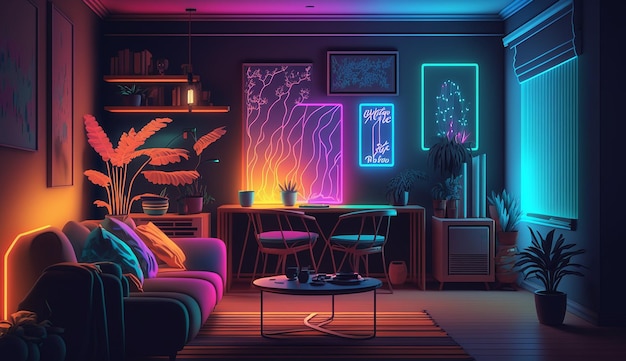 Modern house gardens neon living room interior design AI Generated image